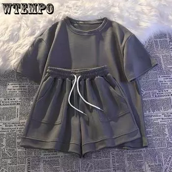 WTEMPO летние повседневные спортивные женские короткие комплекты из 2 предметов, однотонная рубашка с короткими рукавами, широкие шорты, комплект из двух предметов для женщин M