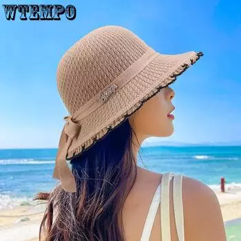 WTEMPO Летние широкополые вязаные шапки с бантом для путешествий на пляж, женские складные однотонные повседневные панамы 1pc хаки