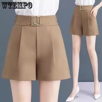 WTEMPO летние женские шорты, модные свободные шорты с высокой талией, широкие шорты, повседневные шорты, костюм, шорты S чёрный