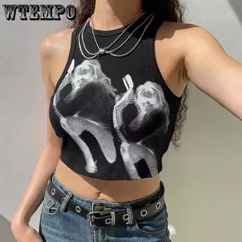 WTEMPO летние женские укороченные топы с круглым воротником и принтом фигуры, черно-коричневые повседневные короткие жилеты без рукавов для девочек S чёрный