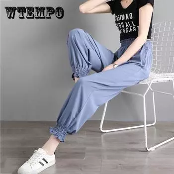 WTEMPO Летний Cool Chiffon Гарем Брюки Тонкие женщины Loose Высокая Waist Широкий Ноги Прямые брюки Случайный Удобный Офис Главная Go Out Party XXL чёрный