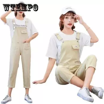 WTEMPO Летний скорректированный джинсовый jumpsuit женщина Длинные брюки Ромпер Карманы Sleeveless Overalls Джинс Брюки XXL чёрный