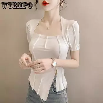 WTEMPO летняя сексуальная футболка с квадратным вырезом, женская футболка с коротким рукавом, темпераментный облегающий топ с разрезом, универсальный S чёрный