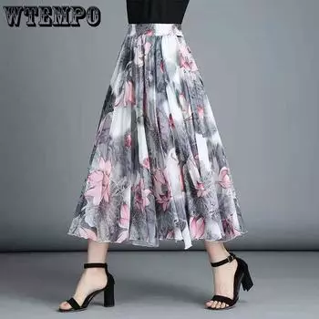 WTEMPO летняя шифоновая юбка, длинная юбка больших размеров, богемная цветочная большая распашная женская пляжная юбка, длинная юбка, женская юбка трапециевидной формы one size