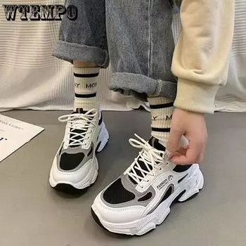 WTEMPO Letter Printed Casual Shoes Spring and Autumn Thick Soles Heighten Cross Lace Up Mesh Breathable Women s Sports Shoes Dropshipping Wholesale 36 чёрный