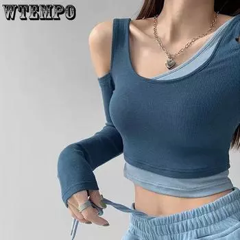 WTEMPO лоскутные женские футболки из двух предметов с длинными рукавами, укороченные топы Y2K, женские тонкие рубашки, уличная одежда, клубная одежда S чёрный