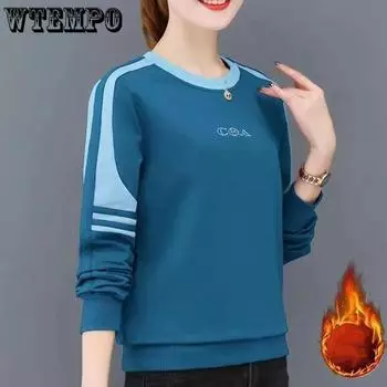 WTEMPO M-2XL зимние женские утолщенные топы с круглым вырезом женские плюшевые большие размеры свободные однотонные пуловеры с длинным рукавом M синий