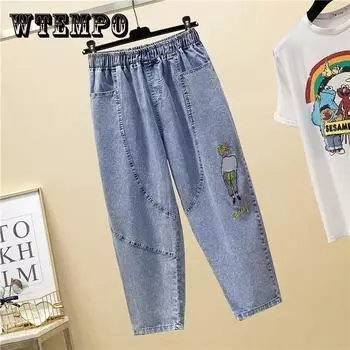 WTEMPO Маленькая девочка Вышивка Женские джинсы Свободные прямые эластичные талии Джинсовые большие карманные брюки XXL синий