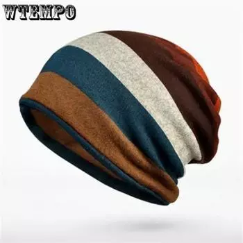 WTEMPO Men s Skullies Hats Winter Beanie Knitted Wool Hat Plus Velvet Cap Thicker Stripe Ski Sports Beanies Hats 57-59cm