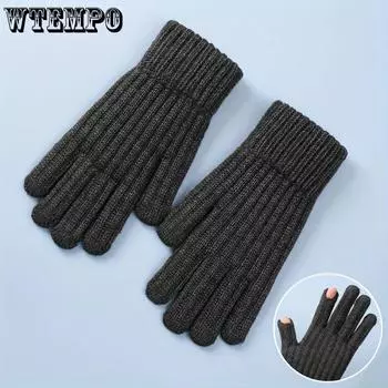 WTEMPO Men Solid Color Cold-proof Full Finger Gloves Winter Warm Riding Cycling Cashmere Knitted Gloves Touch Screen Expose Two Fingers Design Gloves 1pair темно серый