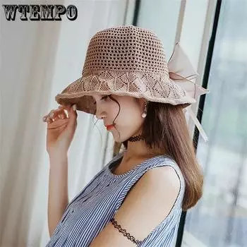 WTEMPO Mesh Bow Wide Brim Women s Solid Color Outdoor Sunscreen Hats Elegant Casual Travel Beach Foldable Summer Knitted Hats 1pc хаки