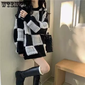 WTEMPO Средний шахматный вязаный свитер осенний женский повседневный толстый теплый свободный топ с длинным рукавом в стиле пэчворк универсальный джемпер S синий