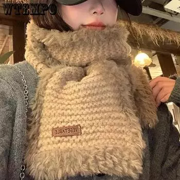 WTEMPO Milard Style Knitted Scarf for Women In Winter High-end Versatile Thick Warm Shawl Plush Scarf One Size чёрный
