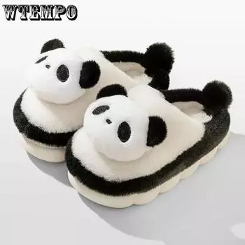 WTEMPO Милые хлопковые тапочки с рисунком панды из мультфильма, закрытый носок, унисекс, нескользящие, теплые, плюшевые тапочки, домашняя хлопковая обувь 34-35 зелёный
