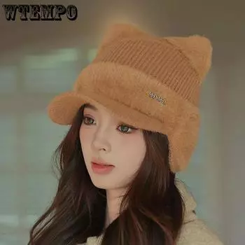 WTEMPO Милые плюшевые шапки с кошачьими ушками, женские зимние бархатные защитные шапки с козырьком, однотонные шерстяные шапки One Size хаки