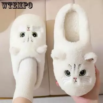 WTEMPO милые тапочки с изображением кота, женские домашние тапочки, мужские зимние плюшевые шлепанцы, домашние нечеткие тапочки, удобная хлопковая обувь 36-37 серый