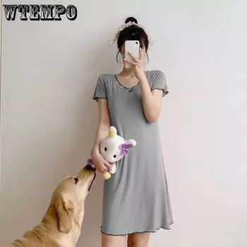 WTEMPO модальная ночная рубашка с бюстгальтером, женская летняя тонкая свободная пижама с короткими рукавами, большие размеры, однотонная повседневная домашняя одежда M бежевый