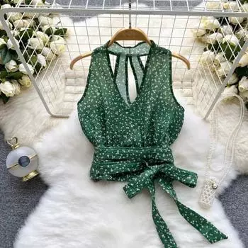 WTEMPO модная зеленая блузка с цветочным принтом, рубашка без рукавов с бретелькой на бретельках, топы на шнуровке, футболка, повседневная летняя женская блузка, пуловер, жилеты M зелёный