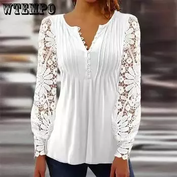 WTEMPO Модные ажурные женские кружевные блузки с длинным рукавом, однотонные топы с V-образным вырезом, однотонные плиссированные винтажные блузки для женщин, повседневные тонкие белые рубашки S белый