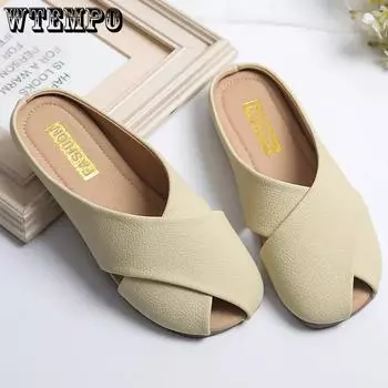 WTEMPO Модные тапочки Женские летние мягкие кожаные однотонные вязаные полые дышащие тапочки Плоская подошва Мягкая удобная пляжная обувь на низком каблуке 36 бежевый