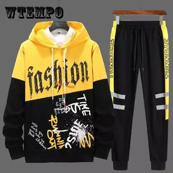 WTEMPO Молодежный мужской спортивный костюм Весенний кампусный спортивный костюм с капюшоном Пуловеры Костюмы Повседневная свободная одежда XXXL