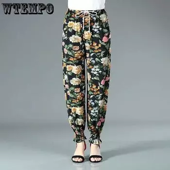 WTEMPO Mom Летние тонкие брюки из ледяного шелка с принтом женские эластичные брюки с высокой талией большого размера повседневные шаровары XL чёрный