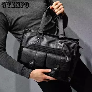 WTEMPO мягкая искусственная кожа, большая вместительная сумка, мужская повседневная черная сумка через плечо, деловая сумка в стиле ретро, дорожная сумка на одно плечо 40*14*30cm чёрный
