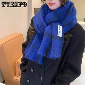 WTEMPO Мягкие клетчатые зимние длинные теплые вязаные шарфы женские утолщенные ветрозащитные холодостойкие универсальные повседневные шарфы One Size чёрный