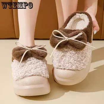 WTEMPO Мягкие плюшевые женские осенне-зимние тапочки с бантом для пары на толстом каблуке, нескользящие домашние теплые хлопковые тапочки 36-37 коричневый