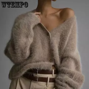 WTEMPO Мягкие теплые плюшевые пальто с V-образным вырезом на осень-зиму, женские однотонные ветрозащитные куртки большого размера с пуговицами из искусственного меха M хаки