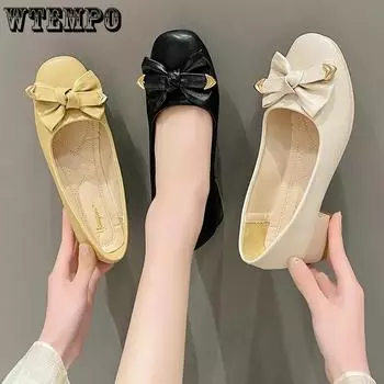 WTEMPO Мягкие толстые нескользящие туфли из искусственной кожи, женские, весна-осень, большие размеры, однотонные, повседневные туфли-лодочки из искусственной кожи с бантом 35 чёрный