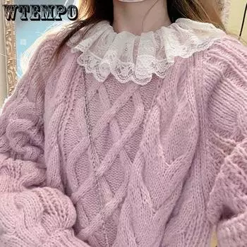WTEMPO Мягкие вязаные женские свитера с жареным тестом, топы с длинными рукавами, пуловеры, джемперы, свободные повседневные корейские милые трикотажные изделия S покинуть белый