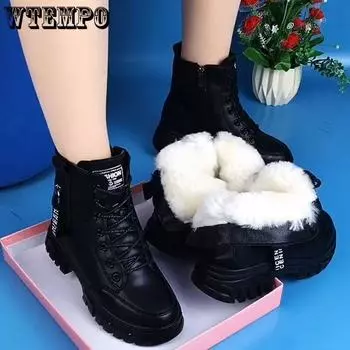 WTEMPO Мягкие зимние сапоги из искусственной кожи на толстом каблуке, женские зимние сапоги из искусственного меха, плюша и бархата, толстые хлопковые сапоги, защищающие от холода, со шнуровкой 35 чёрный