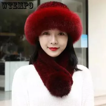 WTEMPO Мягкий толстый теплый шарф и шапка из меха фуакса, женский однотонный большой шарф + шапка, ветрозащитные и морозостойкие аксессуары для улицы a set чёрный