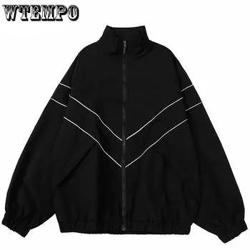 WTEMPO Мужская уличная одежда, светоотражающие полосатые куртки на молнии, большой размер, однотонная ветровка, тонкая куртка, спортивные пальто M синий