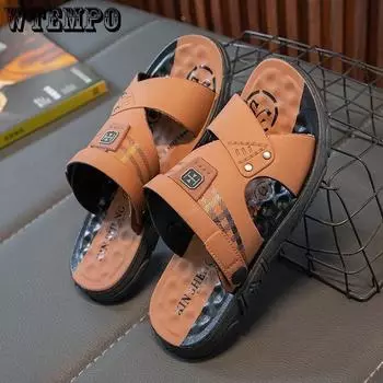 WTEMPO Мужские летние сандалии с мягкой подошвой, полые шлепанцы с толстой подошвой, уличная приморская пляжная обувь, домашние нескользящие тапочки, пригодная для носки походная обувь 40 коричневый