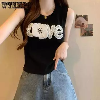 WTEMPO Nail Bead Embroidery Women s Spring Summer Large Size Black Casual Camisole Vests Autumn Versatile O-Neck Sleeveless Knitted Tank Tops S чёрный
