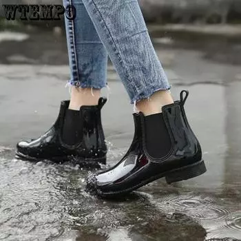 WTEMPO Нескользящие непромокаемые туфли, женские яркие верхние, мягкая подошва, низкий каблук, круглый носок, короткая трубка, износостойкие водонепроницаемые резиновые туфли, дропшиппинг, оптовая продажа 36 чёрный