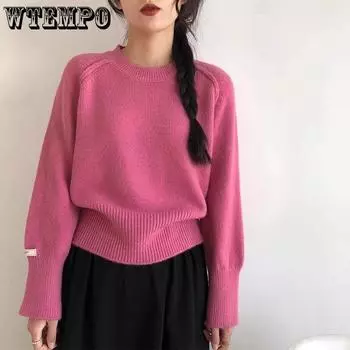 WTEMPO New Korean Round Neck Sweater Women s Winter Bottom Knitted Top Solid Color S темно-серого