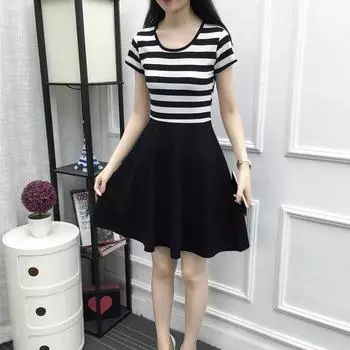 WTEMPO Новое летнее платье, черно-белое полосатое длинное платье с короткими рукавами, тонкое женское платье для похудения S