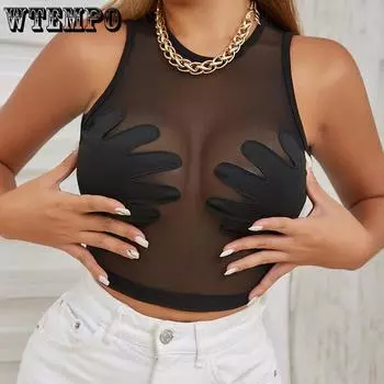 WTEMPO новые летние женские топы без рукавов с круглым воротником и сетчатыми топами на бретелях для девочек, пикантные черные лоскутные майки с рисунком ладони S чёрный