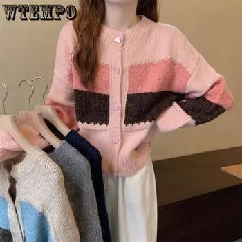 WTEMPO О-образный вырез, милые пуговицы, вязаные кардиганы, женские, осень-зима, однотонные, повседневные свитера, трикотажные изделия с длинным рукавом, пальто One Size серый