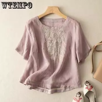 WTEMPO О-образный вырез вышитые смешанные хлопковые льняные рубашки женские весна лето короткий рукав свободные повседневные топы M абрикосовый