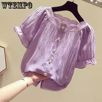 WTEMPO однотонная шифоновая рубашка большого размера на пуговицах, модный универсальный топ, женская летняя рубашка с короткими рукавами, Прямая доставка S фиолетовый