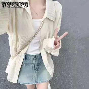 WTEMPO однотонные элегантные солнцезащитные рубашки, пальто с карманами, женские рубашки с отложным воротником и длинными рукавами, тонкие дышащие рубашки на пуговицах S белый