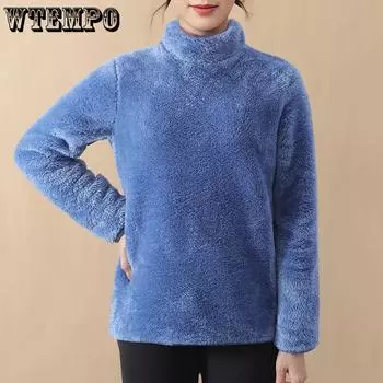 WTEMPO Однотонные, большого размера, утепленные, с круглым вырезом, женские, осень-зима, повседневные, универсальные, мягкие, теплые, плюшевые, фланелевые, пуловеры M синий