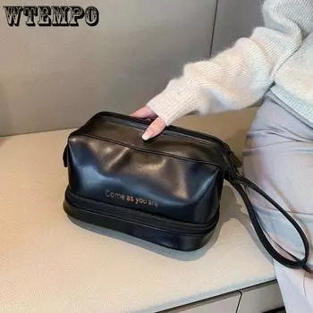 WTEMPO Однотонные двухслойные косметички большой емкости водонепроницаемые портативные дорожные сумки косметичка на молнии 1pc чёрный