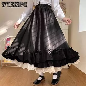 WTEMPO Однотонные двухслойные винтажные юбки А-силуэта с французскими оборками в стиле Хепберн, черные, белые, длинные юбки L белый