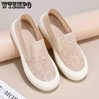 WTEMPO, однотонные дышащие слипоны большого размера, женские повседневные парусиновые туфли на мягкой толстой плоской подошве и сетчатом каблуке 36 чёрный