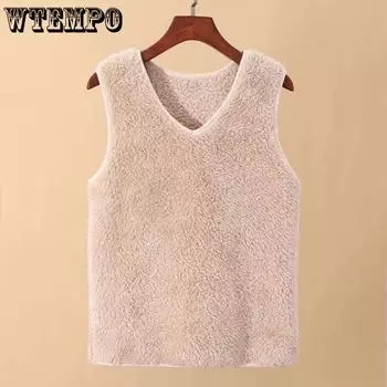WTEMPO однотонные коралловые бархатные терможилетки женские большого размера с V-образным вырезом без рукавов зимние утолщенные теплые плюшевые жилеты M синий